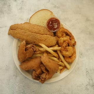 5. 1 Piece Fish, 3 Wings & 10 Shrimp with Fries & Bread
